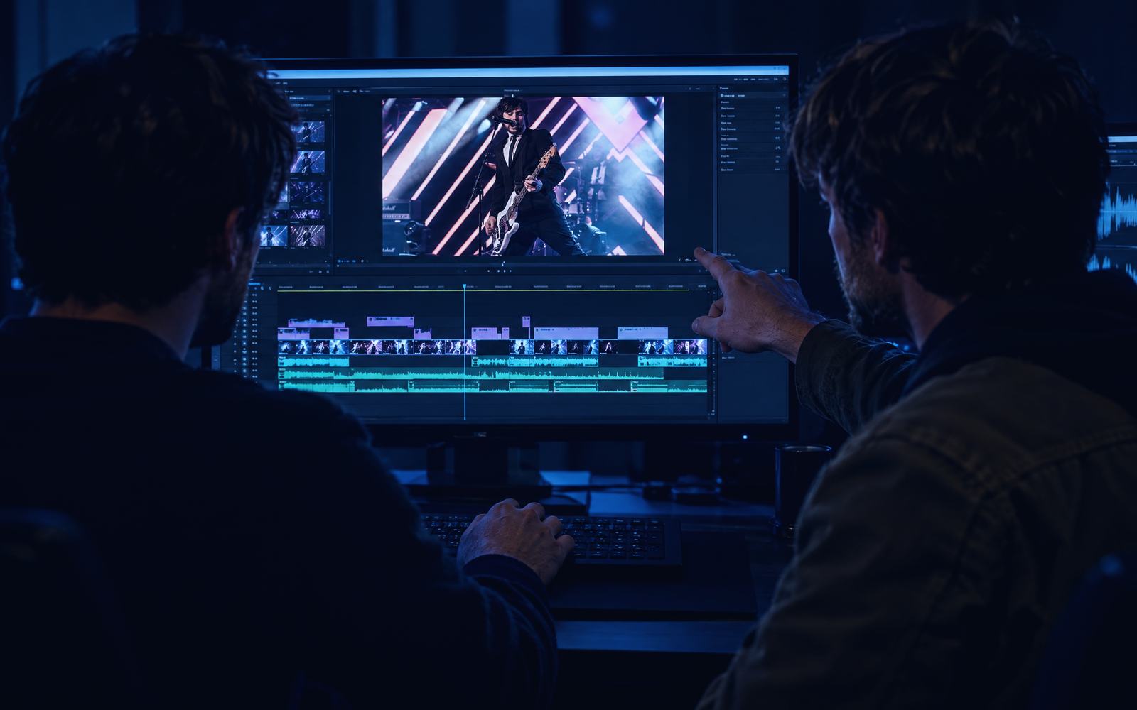 An editor and a musician reviewing The Elevation's reel on a large monitor